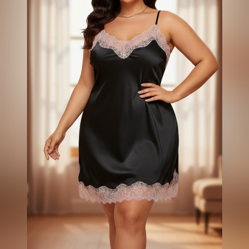 Victoria's Secret Black Satin & Pink Eyelash Lace Slip Dress - Large